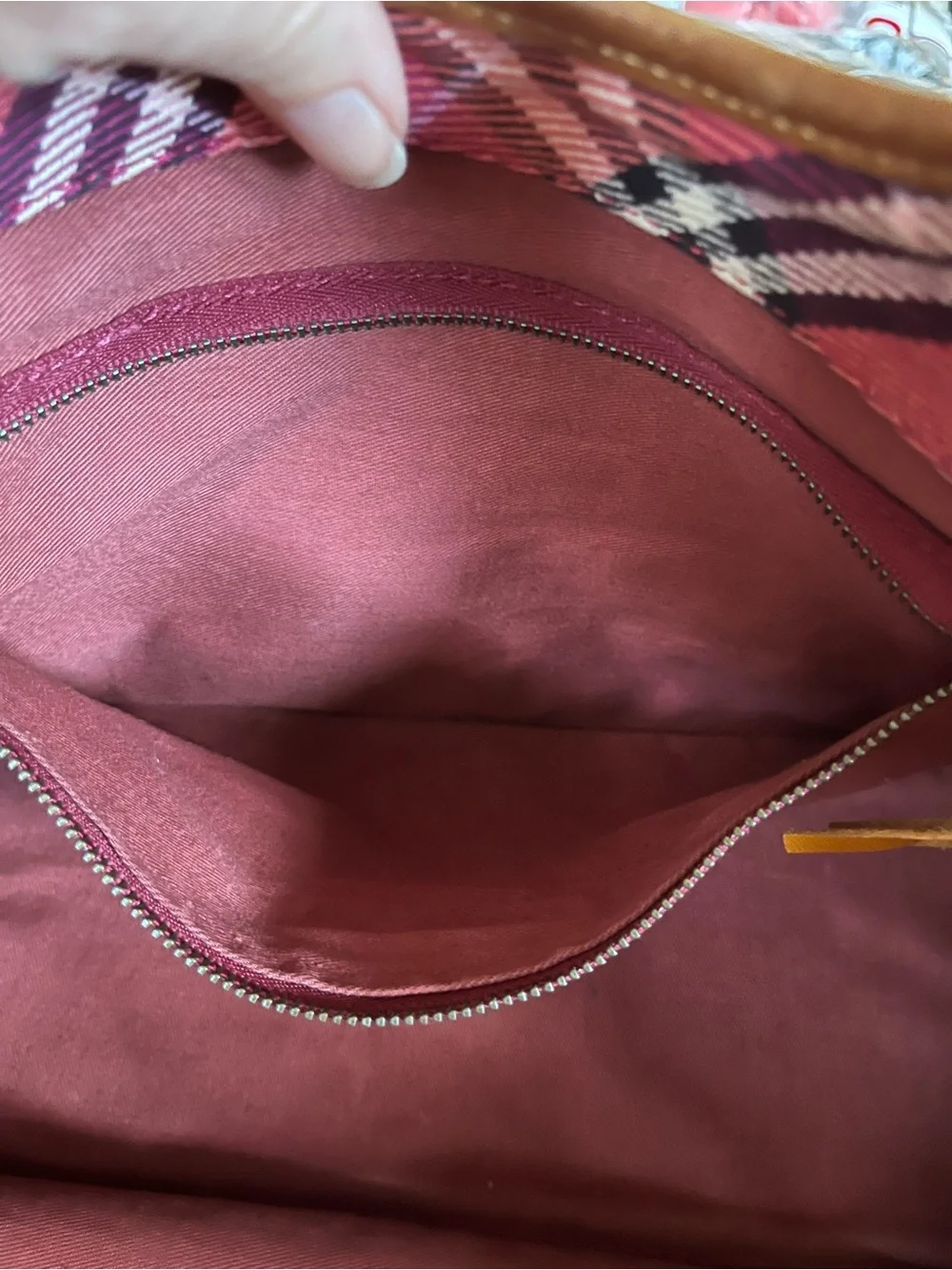 Burberry Blue Label Pink Nova Check Canvas Pink Tote with tan leather handles